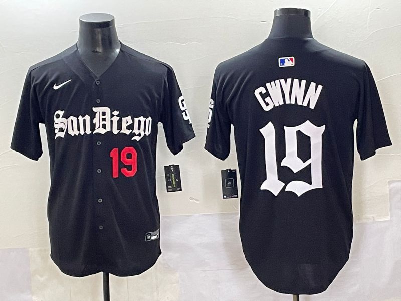 Men 2025 San Diego Padres #19 Gwynn Black Five generations Joint Name Nike MLB Jersey style 5